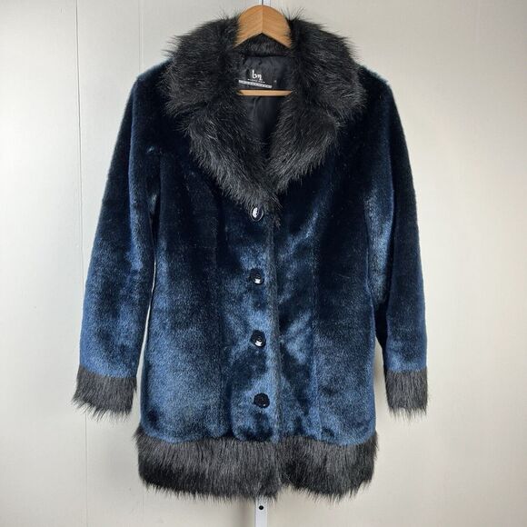 blanc noir Jackets & Blazers - Blanc Noir Outerwear Faux Fur‎ Coat Jacket Blue & Black Mid Length Size Small